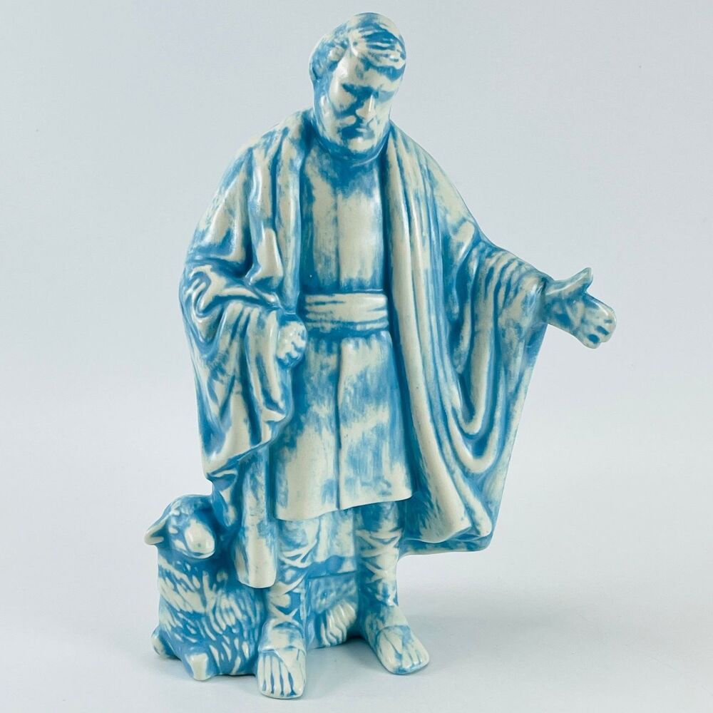 Holland Ceramic Nativity Shepherd Figurine 8.5in Vintage Blue White Creche 1970s